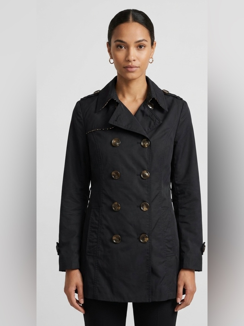 GIORGIO ITALIA Black Double Breasted Trench Coat Jacket Leopard Lining no belt